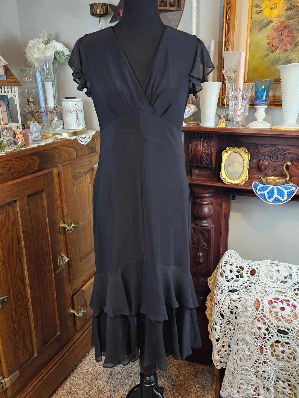 Tommy Hilfiger Black Flutter Sleeve Midi Dress Ruffle Hem 6
